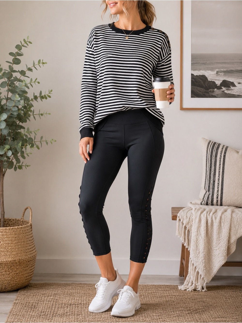 Anne Klein Sport Black & White Striped Sweater | Button Shoulder | Medium